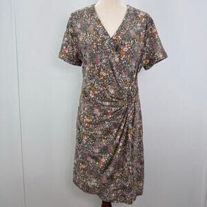 NWT LANDS END Floral Ditsy Ruched Faux Wrap Dress Short Sleeve sz L Cottagecore